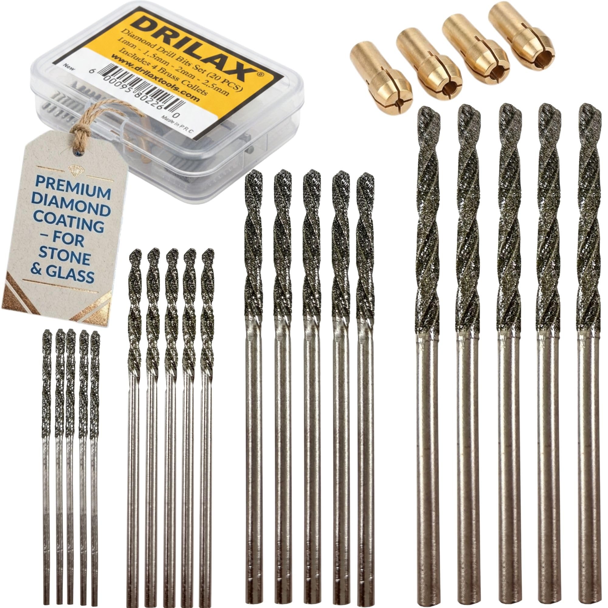 Drilax 24-Piece Diamond Drill Bit Set (1mm, 1.5mm, 2mm, 2.5mm